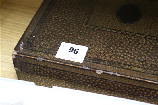A Chinese export lacquer counter box with sixty six mother of pearl fish bezique markers